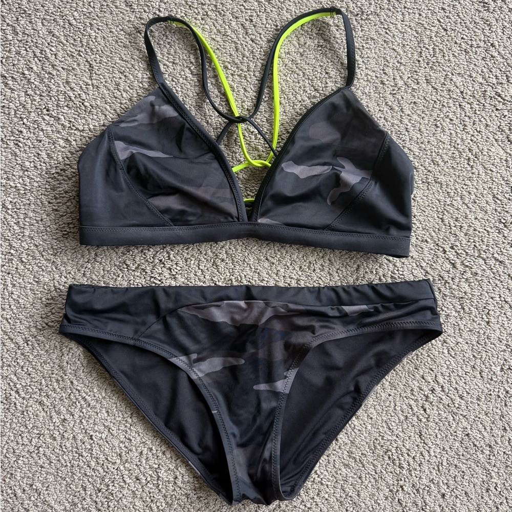 Athleta Black and Gray Bikini with Neon Accents